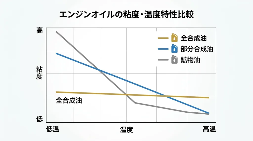 エンジンオイルの温度対粘度変化グラフ比較