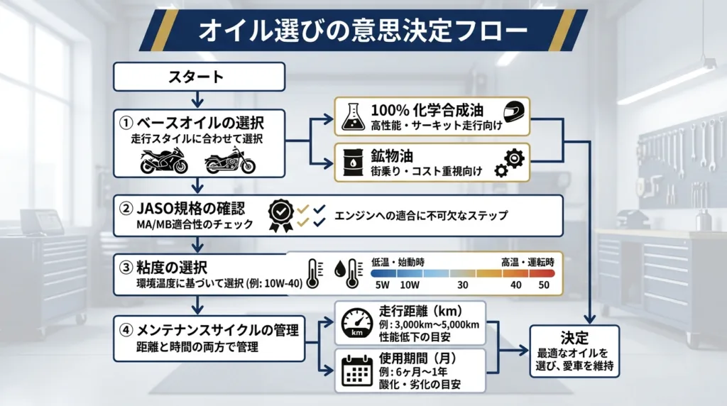 バイク用エンジンオイル選び方フロー図(種類→規格→粘度)