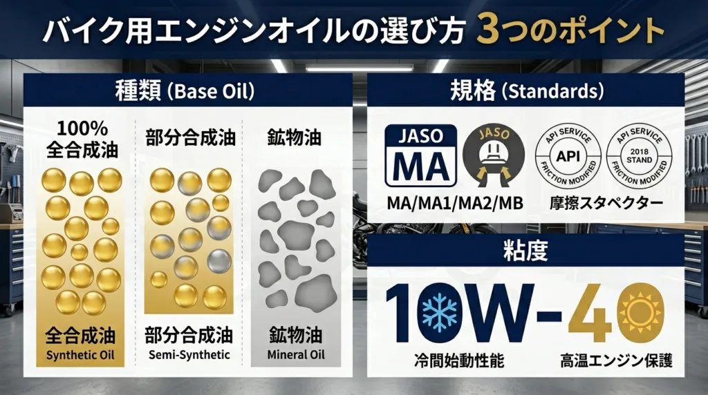 バイク用エンジンオイル3種類の選び方ガイド