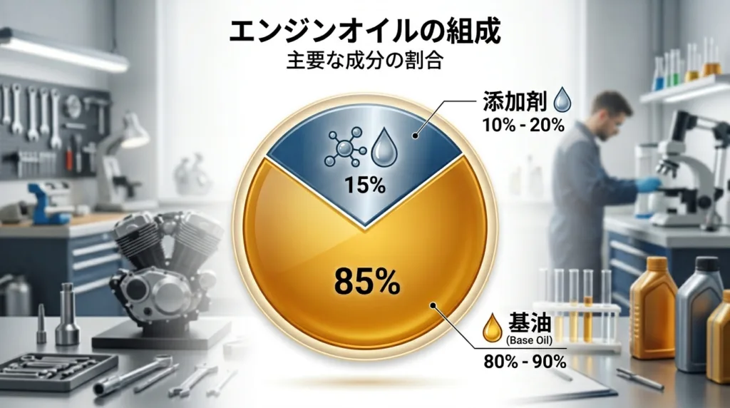 エンジンオイルの組成図(基油85-95%と添加剤5-15%)